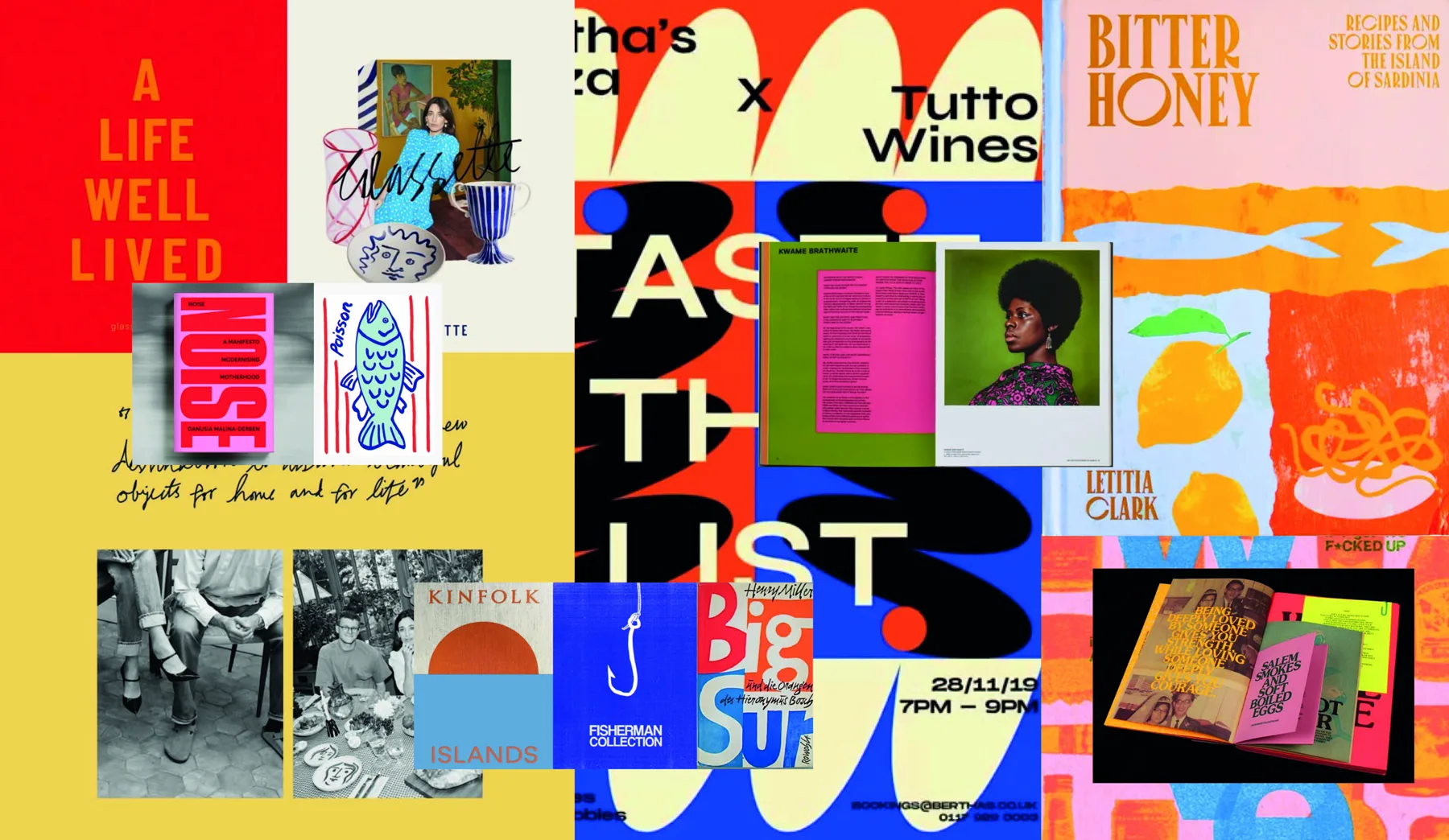 Black Fish book design direction moodboard with colourful editorial and print references.