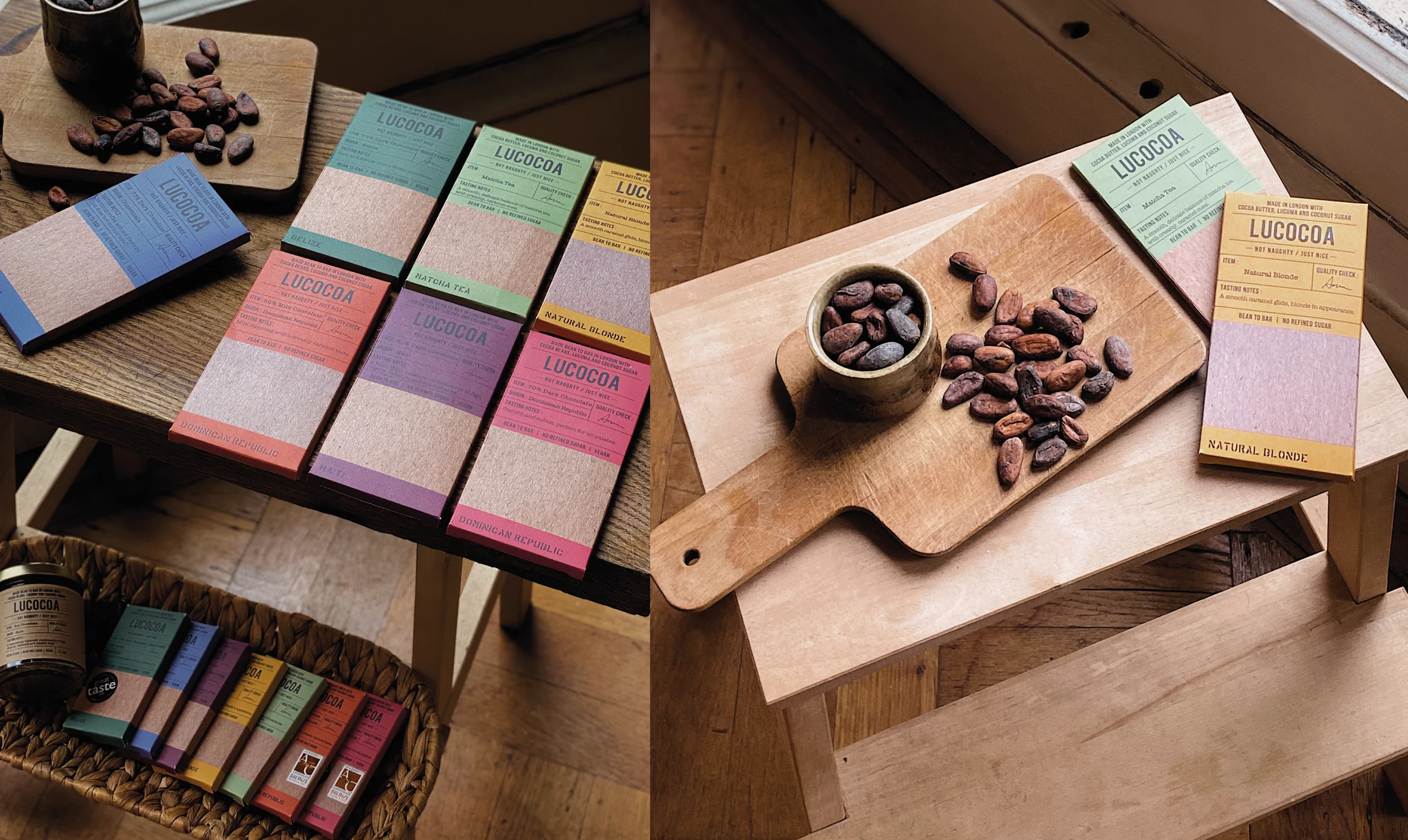 Lucocoa chocolate bar range arranged with cocoa beans on wooden surfaces.