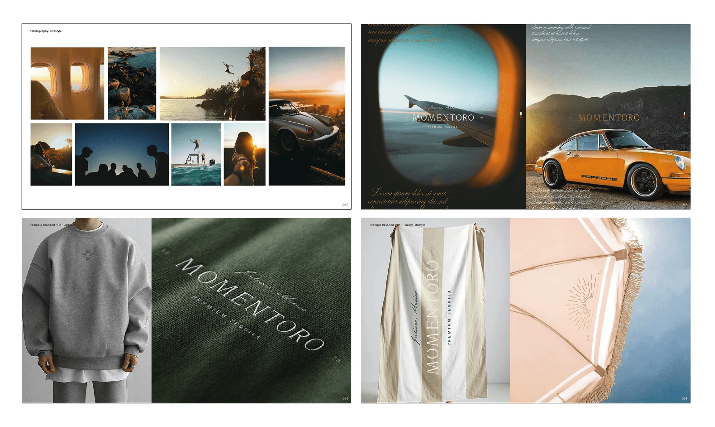 Momentoro brand identity, bottle design and typography references.