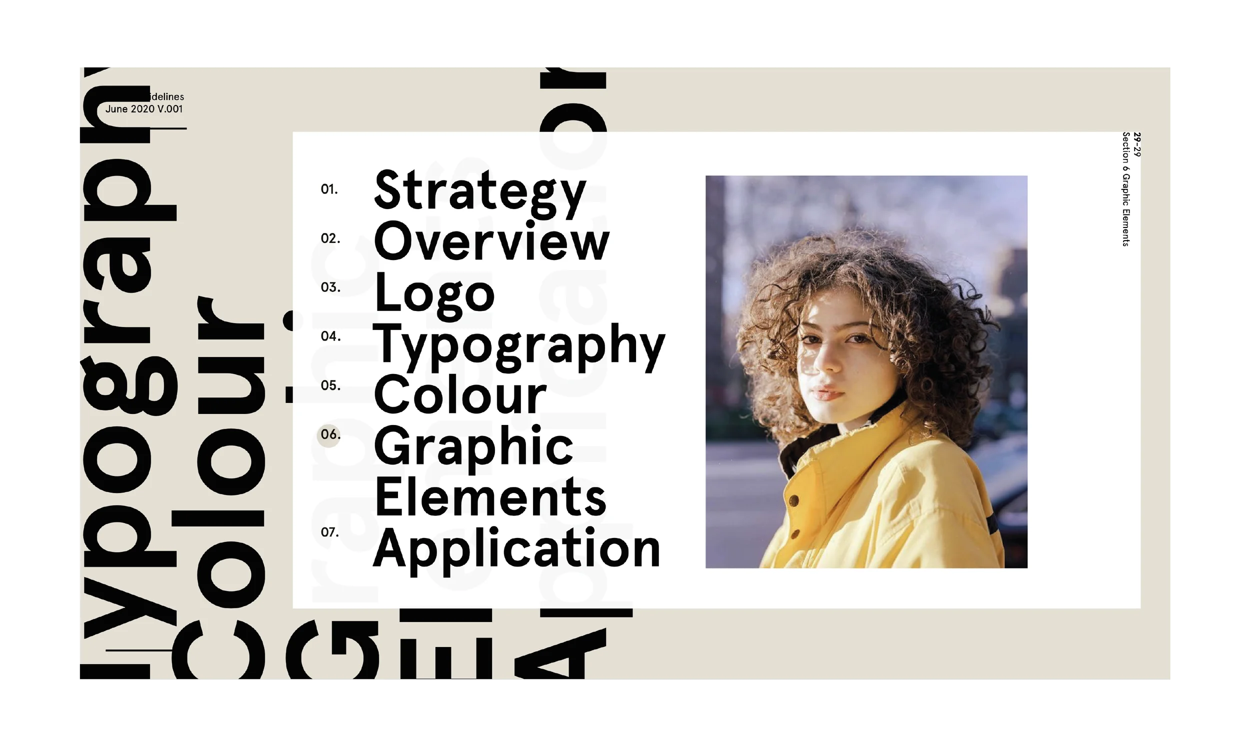 Crave brand guidelines spread with strategy sections and portrait photography.