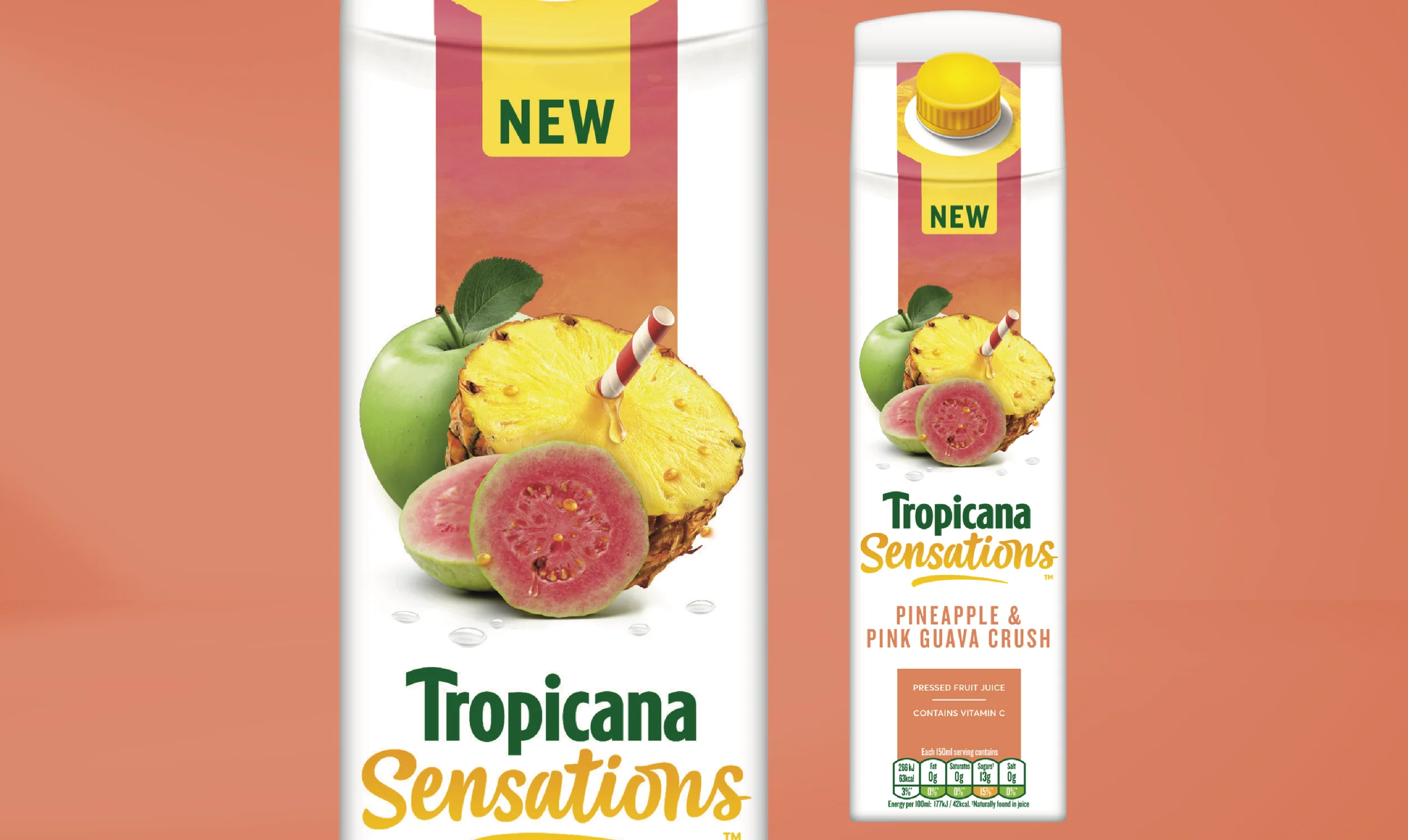 Tropicana Sensations Pineapple and Pink Guava Crush bottles framed by fruit.