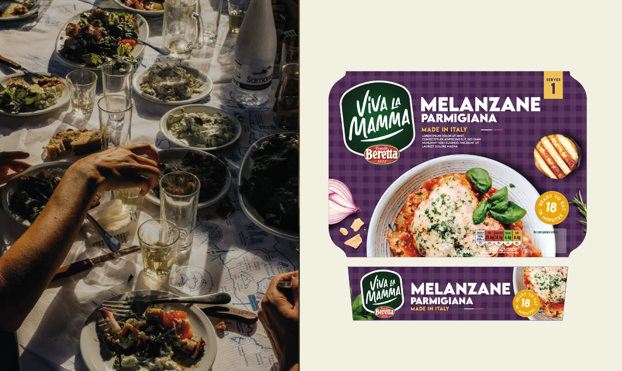 Viva La Mamma Melanzane Parmigiana packaging beside a shared dining table.