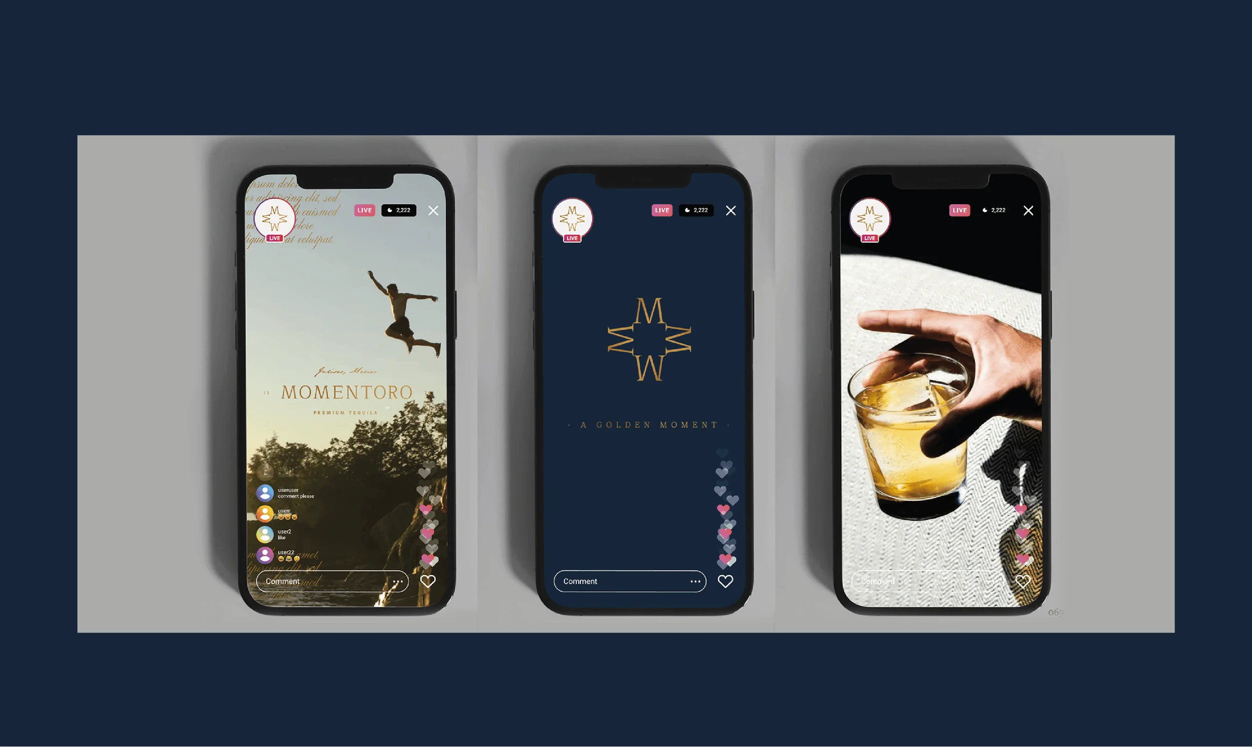 Momentoro social campaign shown across three mobile screens.
