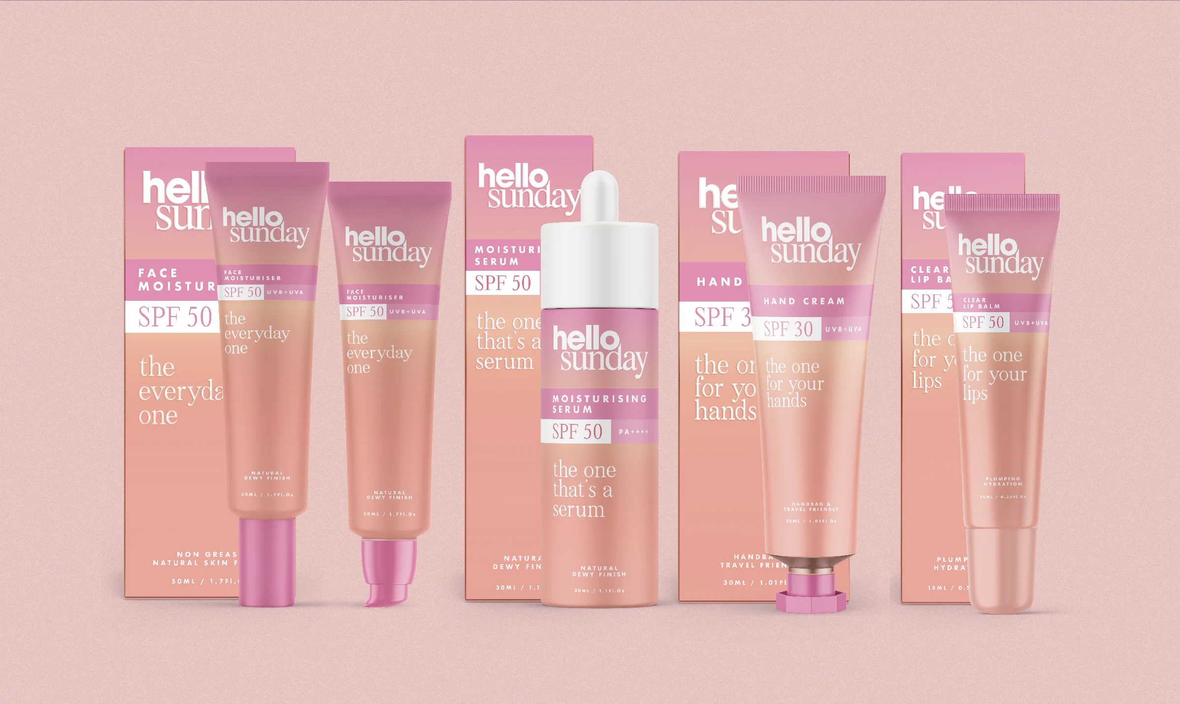 Pink Hello Sunday skincare packaging displayed as a coordinated product range.