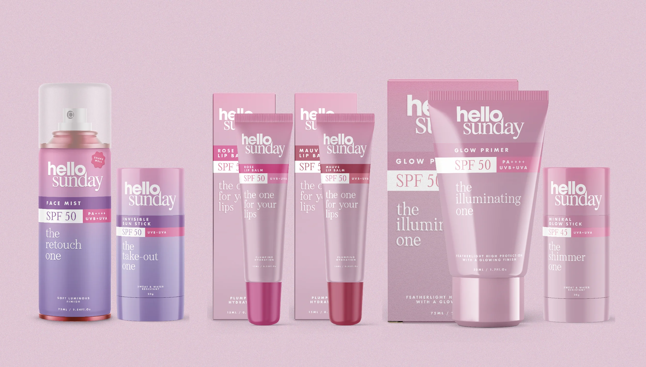 Hello Sunday skincare collection in pink and purple packaging.