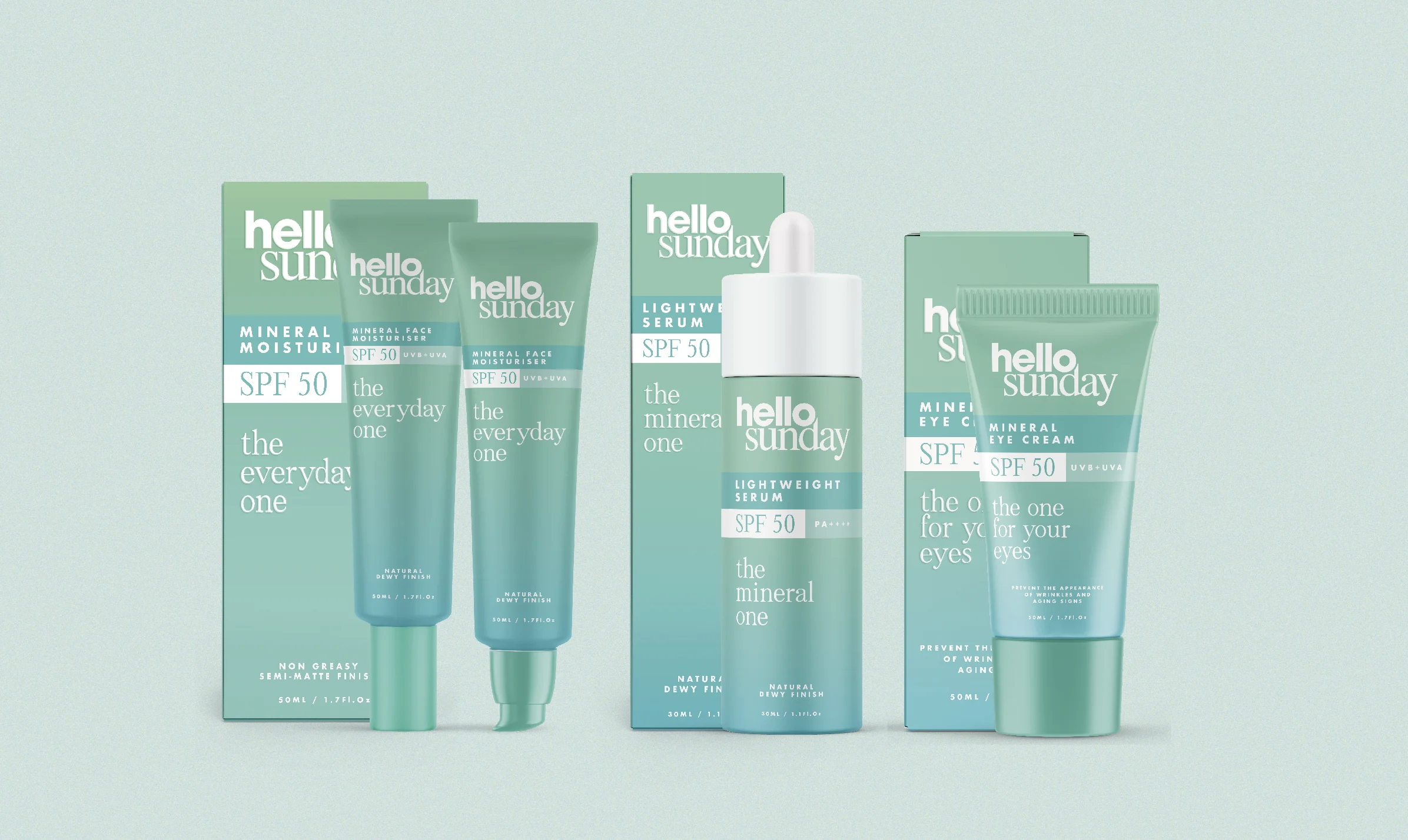 Hello Sunday suncare products arranged across playful branded backgrounds.