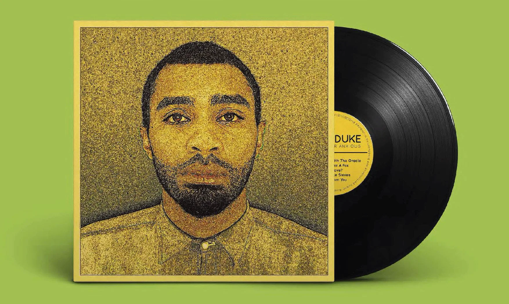 Duke vinyl record with an illustrated portrait on a bright green background.