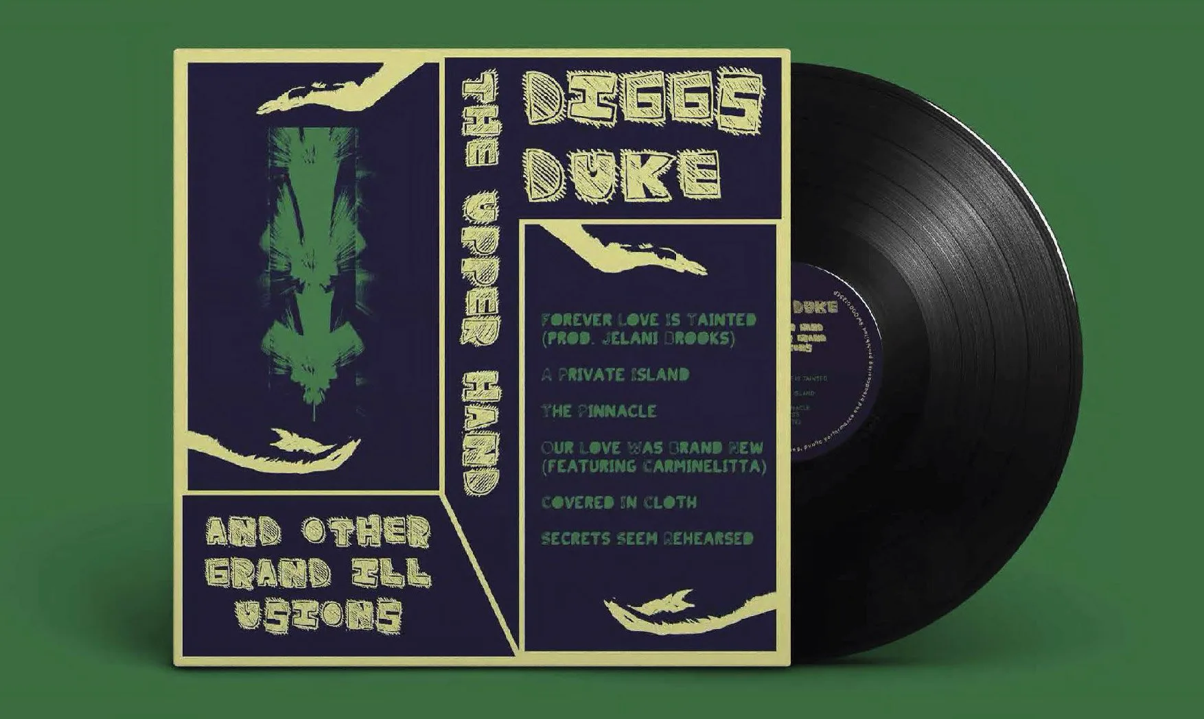 Record cover with neon green type and illustration on dark blue.