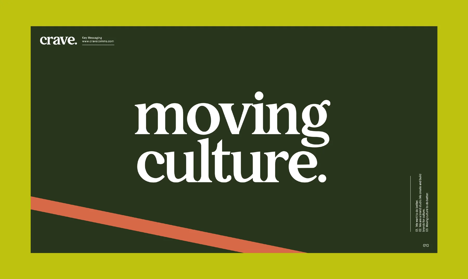 Crave moving culture brand design on dark green and chartreuse.