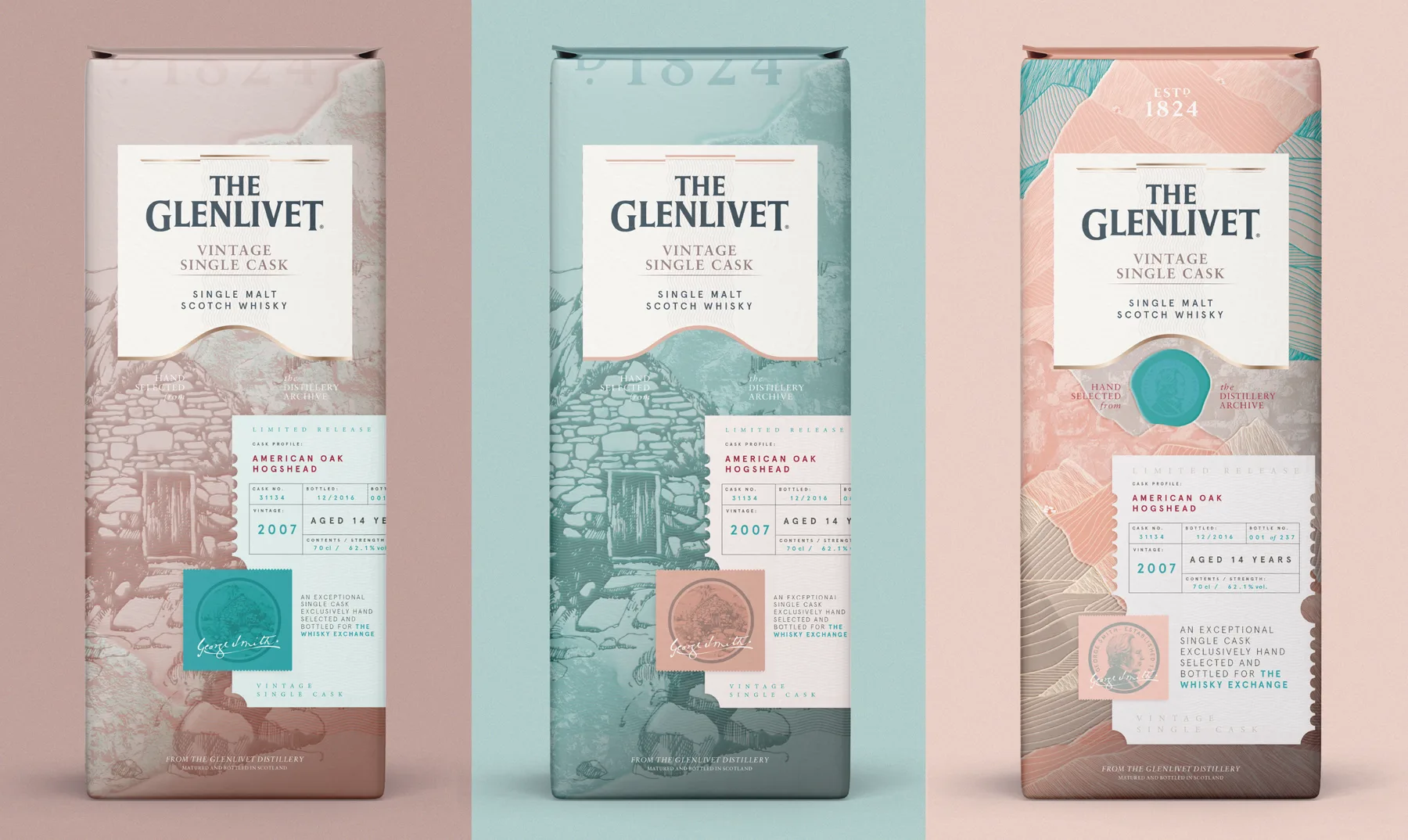 Three Glenlivet Vintage Single Cask whisky boxes in pink, blue and peach.
