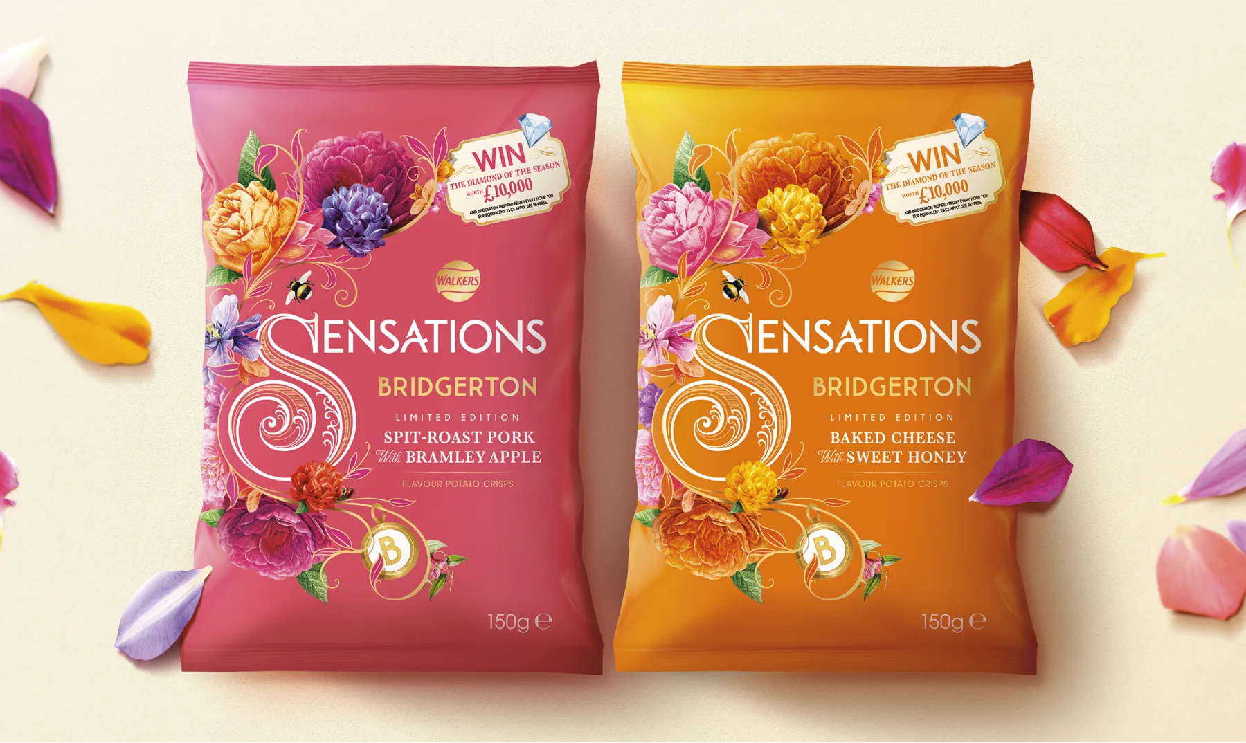 Walkers Sensations Bridgerton crisp packaging surrounded by flower petals.