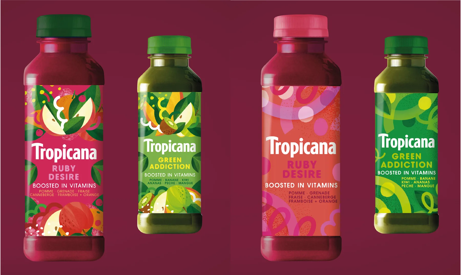 Four Tropicana juice bottles with colourful fruit-led labels.