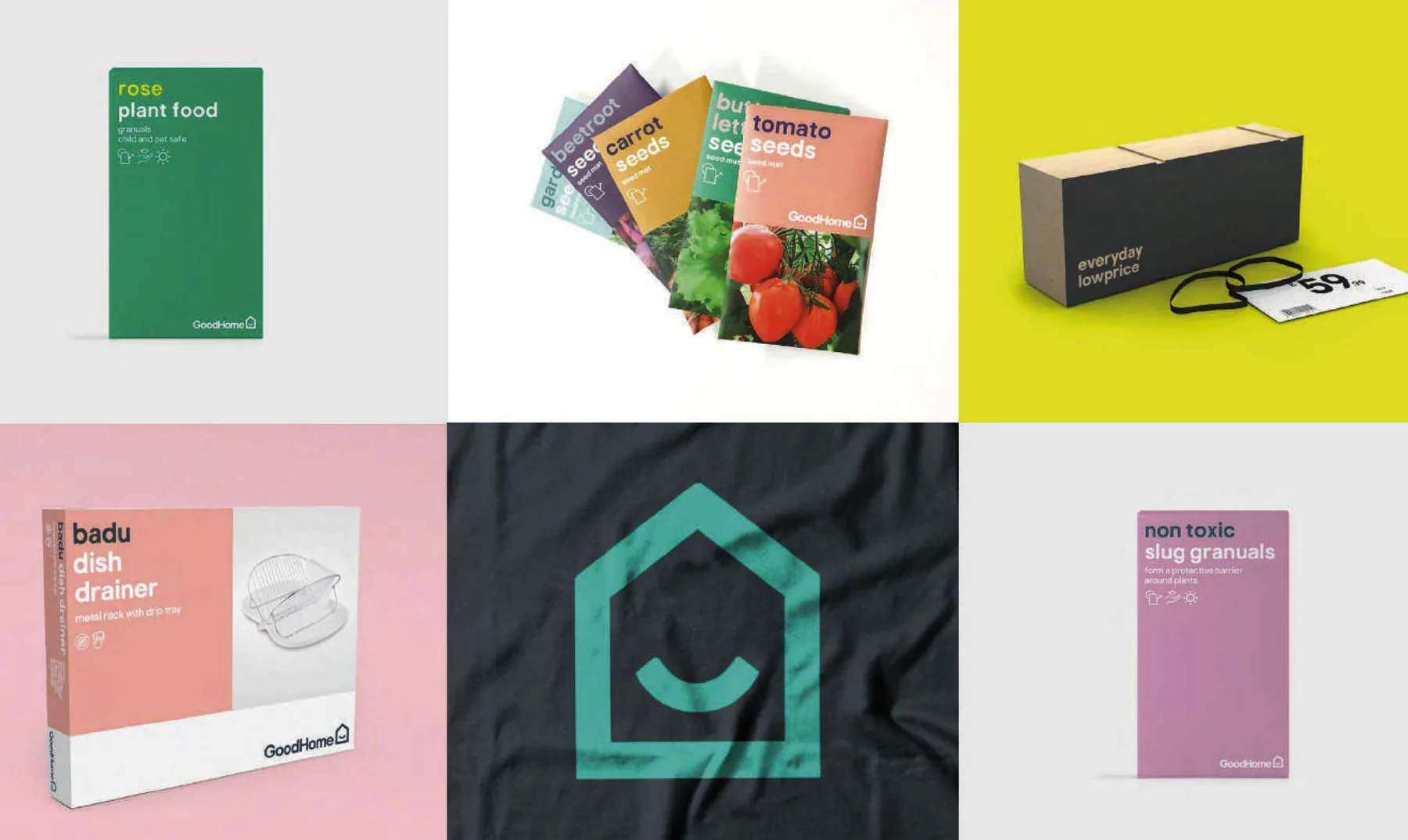GoodHome gardening and home product packaging collection.