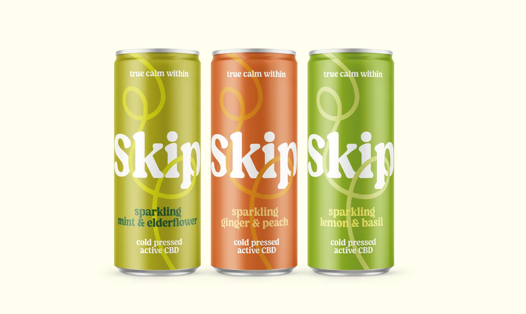 Three pastel cans of sparkling active CBD drinks.