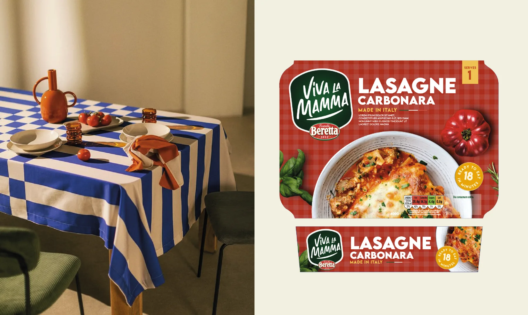 Viva La Mamma packaging beside a set dining table.