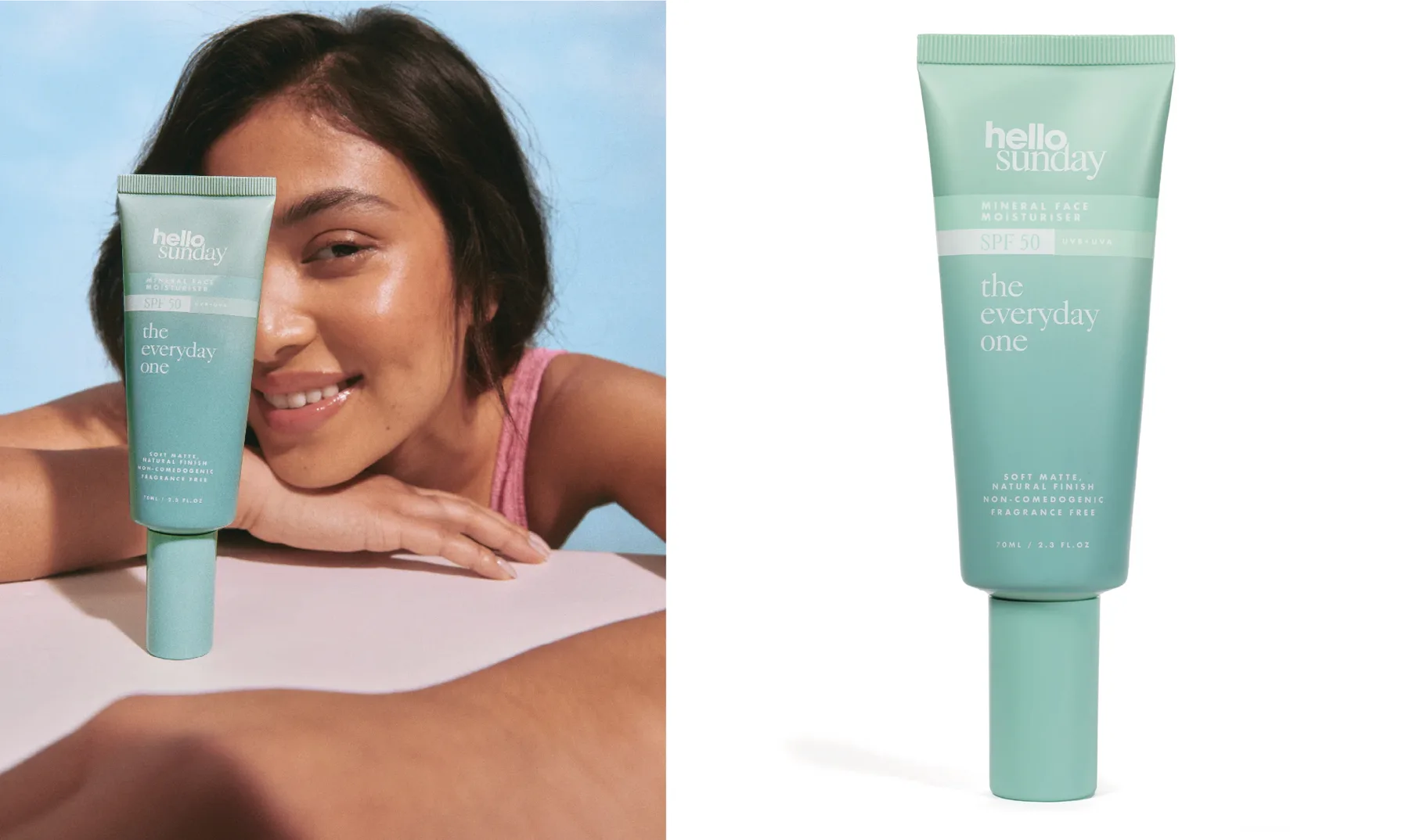 Hello Sunday SPF 50 moisturiser with a smiling woman.
