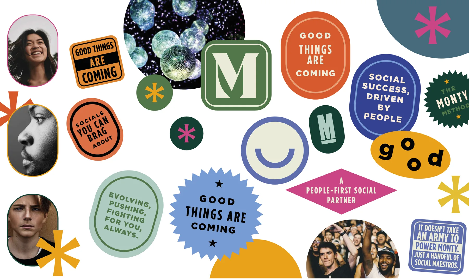 Monty brand collage with stickers, people and social messages.