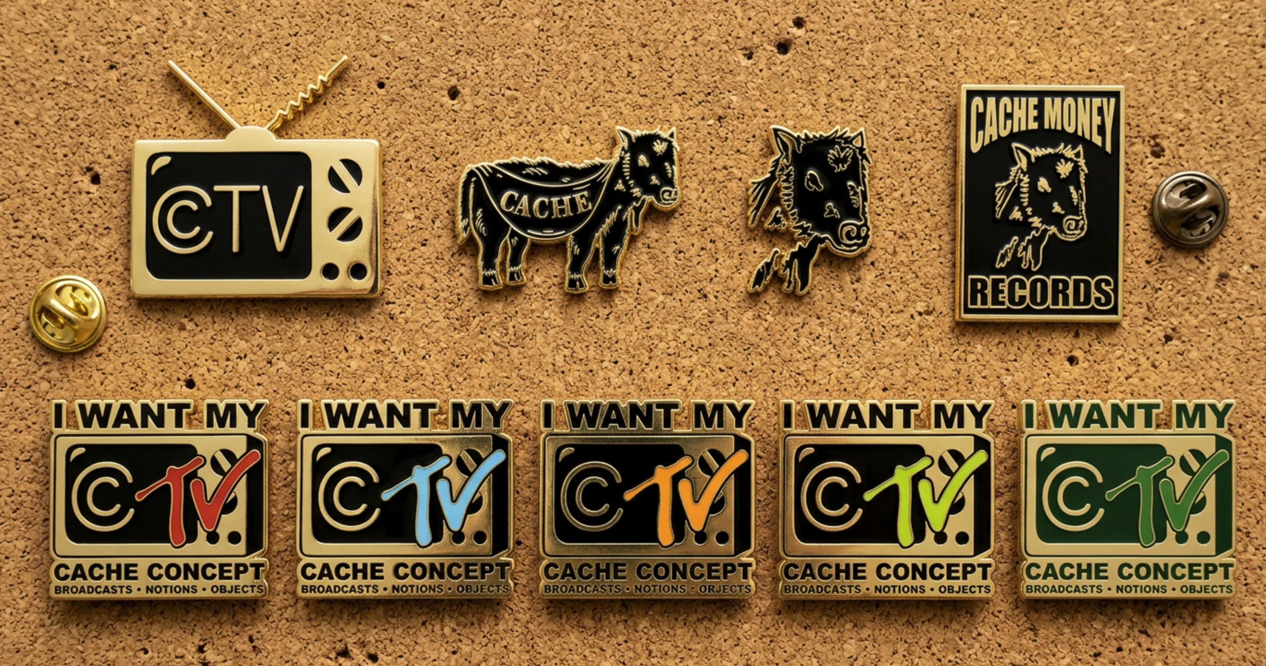 Cache Concept and I Want My CCTV enamel pin collection in gold finishes.