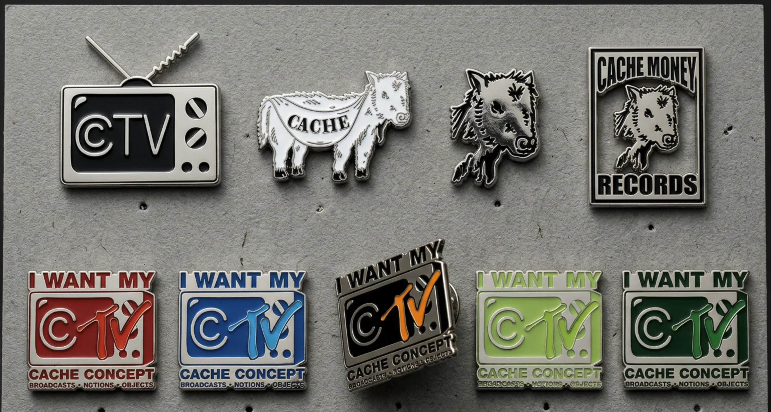 Cache Concept and I Want My CCTV enamel pin collection in mixed colour finishes.