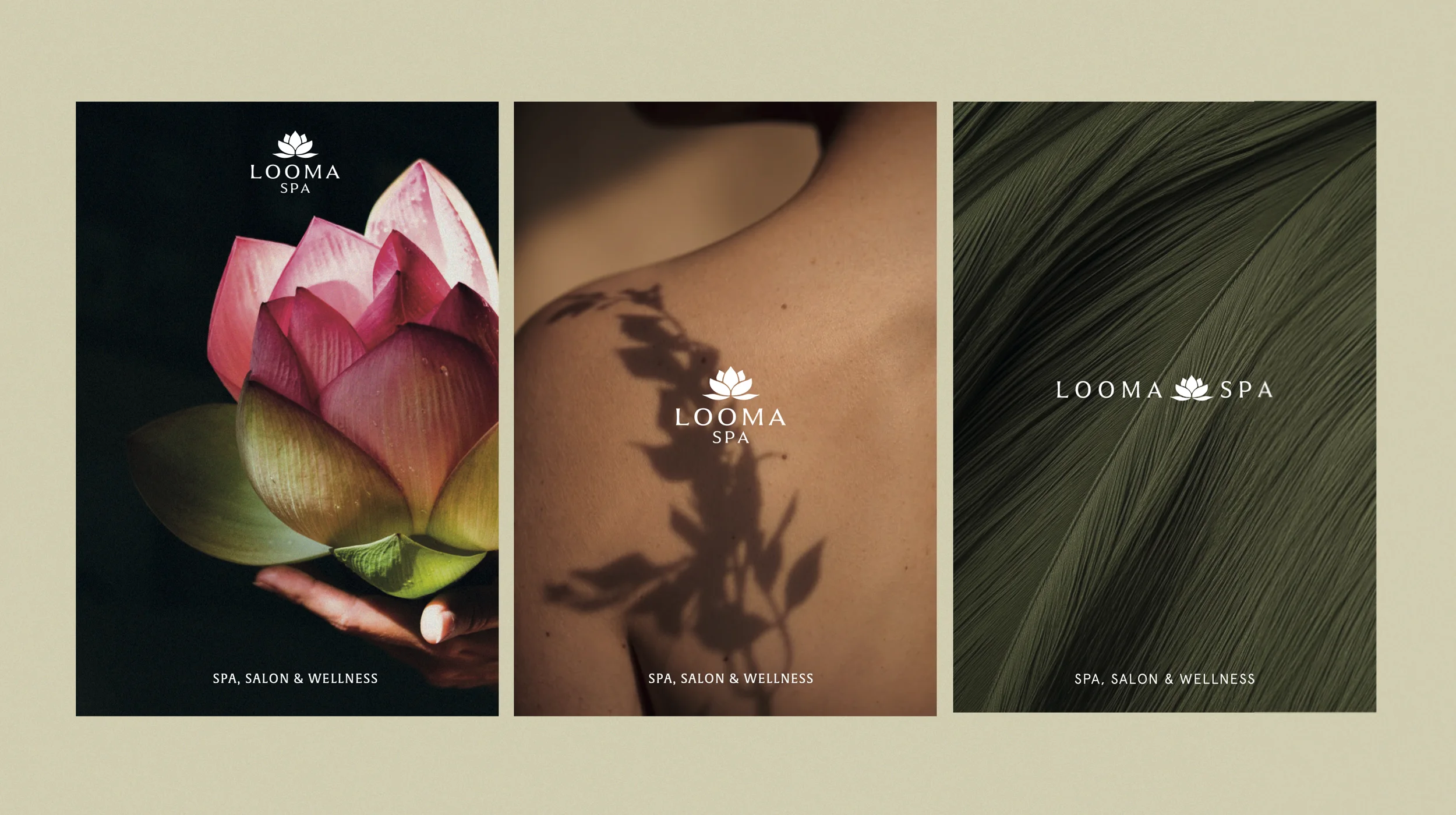 Looma Spa brand campaign with lotus, body and botanical imagery.