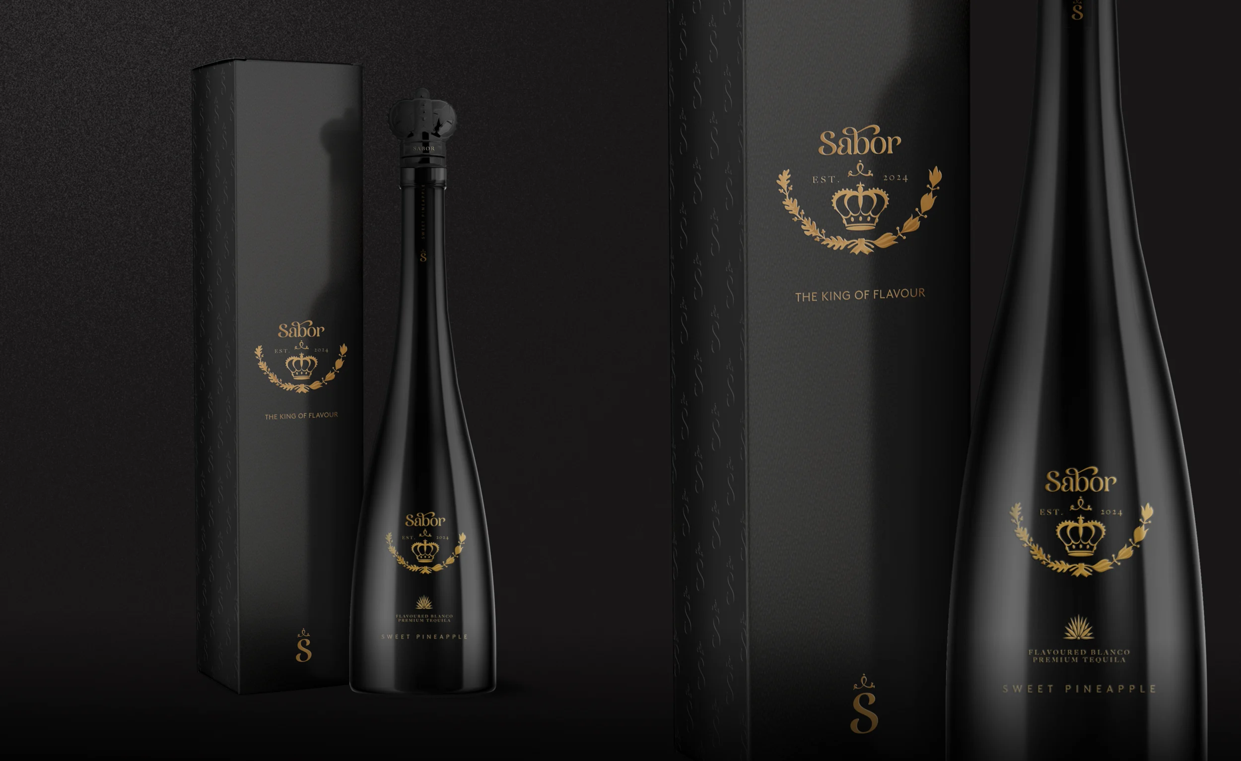 Sabor Tequila bottle and presentation box details in black and gold.