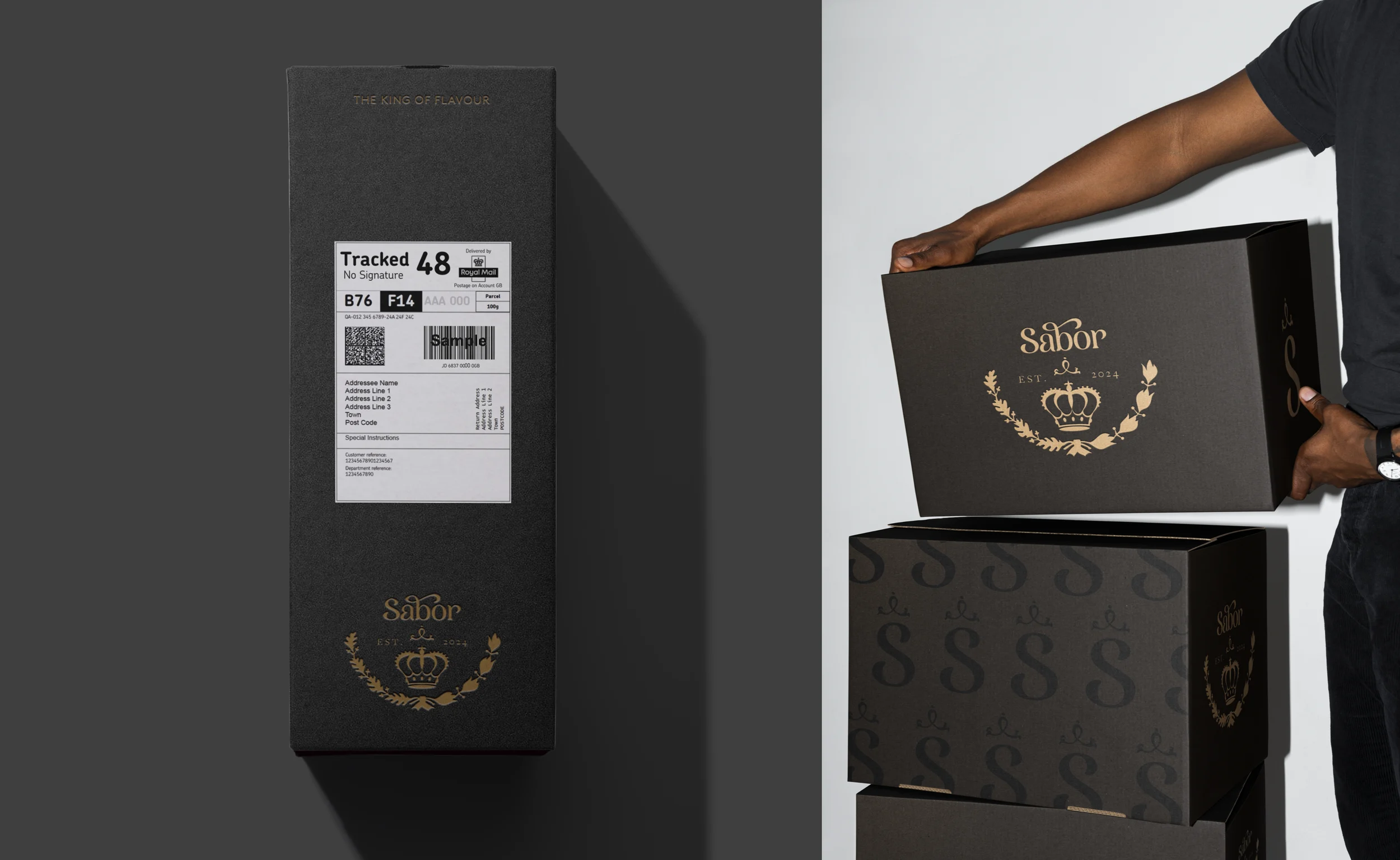 Sabor Tequila presentation and delivery packaging in black and gold.