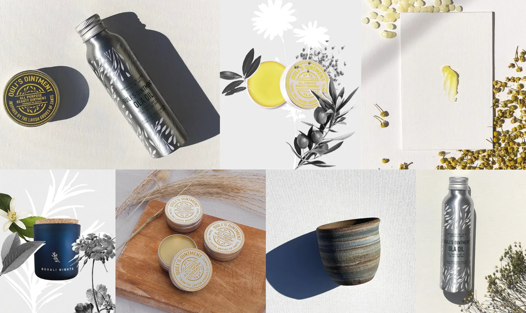 Ouli's Ointment skincare, oil and candle packaging.